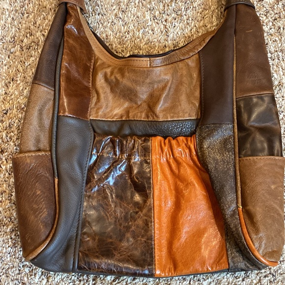 Genuine Leather Hobo Purse Adjustable Strap Brown Patchwork - Picture 2 of 9